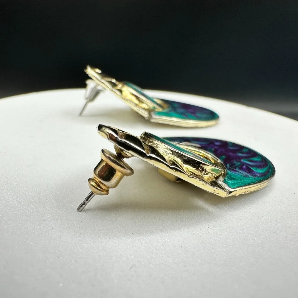 Vintage Abstract Enamel Drop Earrings Green Purple Gold Tone Modern Art Style